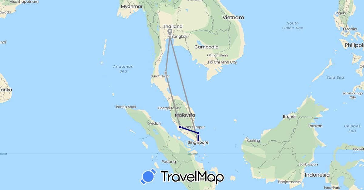 TravelMap itinerary: driving, plane in Malaysia, Singapore, Thailand (Asia)